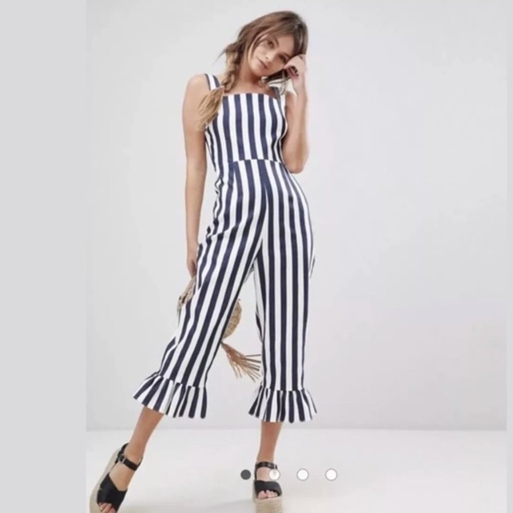 ASOS Striped “Pinny” Ruffle Crill Hem Jumpsuit